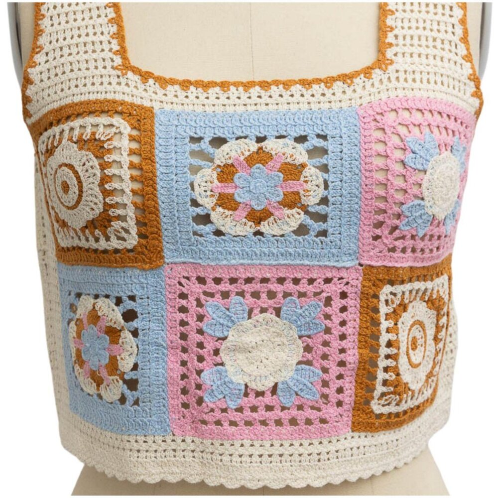Floral Mosaic Embroidered Crochet Crop Tank Top Pink Blue Ivory 2 Sizes Cotton